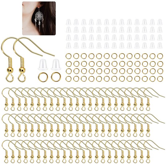 600Pcs Hypoallergenic Earring Hooks, Gold Earring Making Kit, with Earring Backs and Jump Rings for Jewelry Making (Gold)